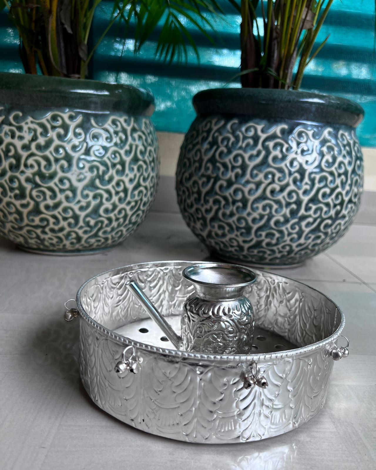 german silver karwachauth pooja thali set of 2 pieces